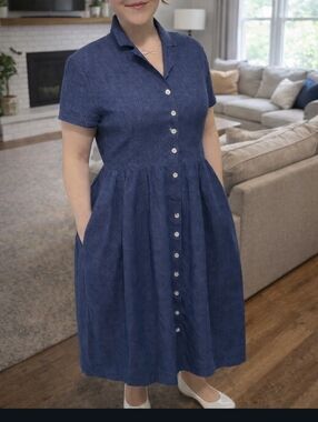 Vintage Laura Ashley Navy Button-Front Midi Dress Size 12 Made In Poland